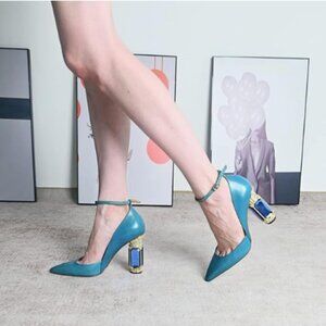 FSJ Blue Crystal Heels Pointed Toe Pumps Ankle Strap Ladies Party Dress Shoes